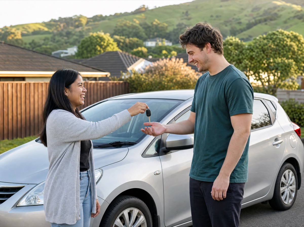 A woman handing car keys to a friend on a suburban street.