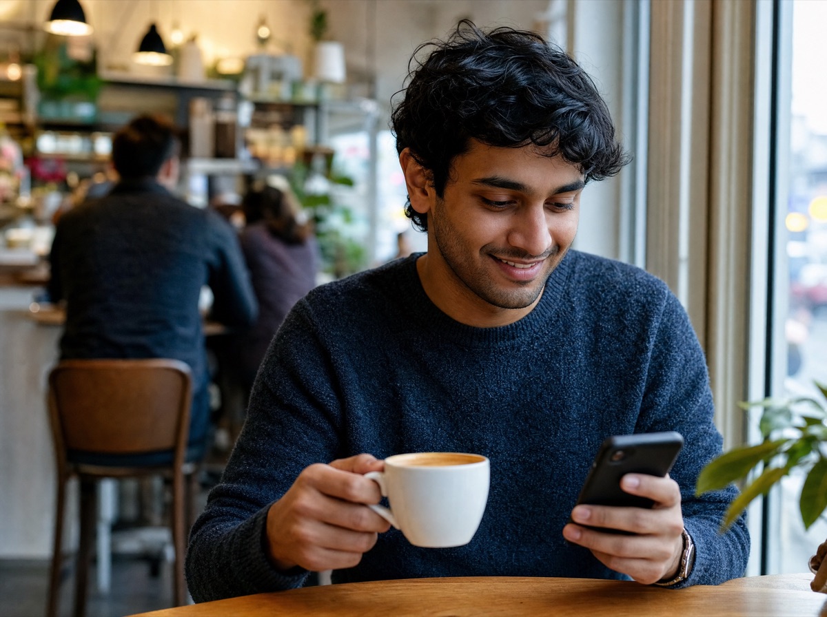 A man in a cafe looking at his phone, coffee in hand.
