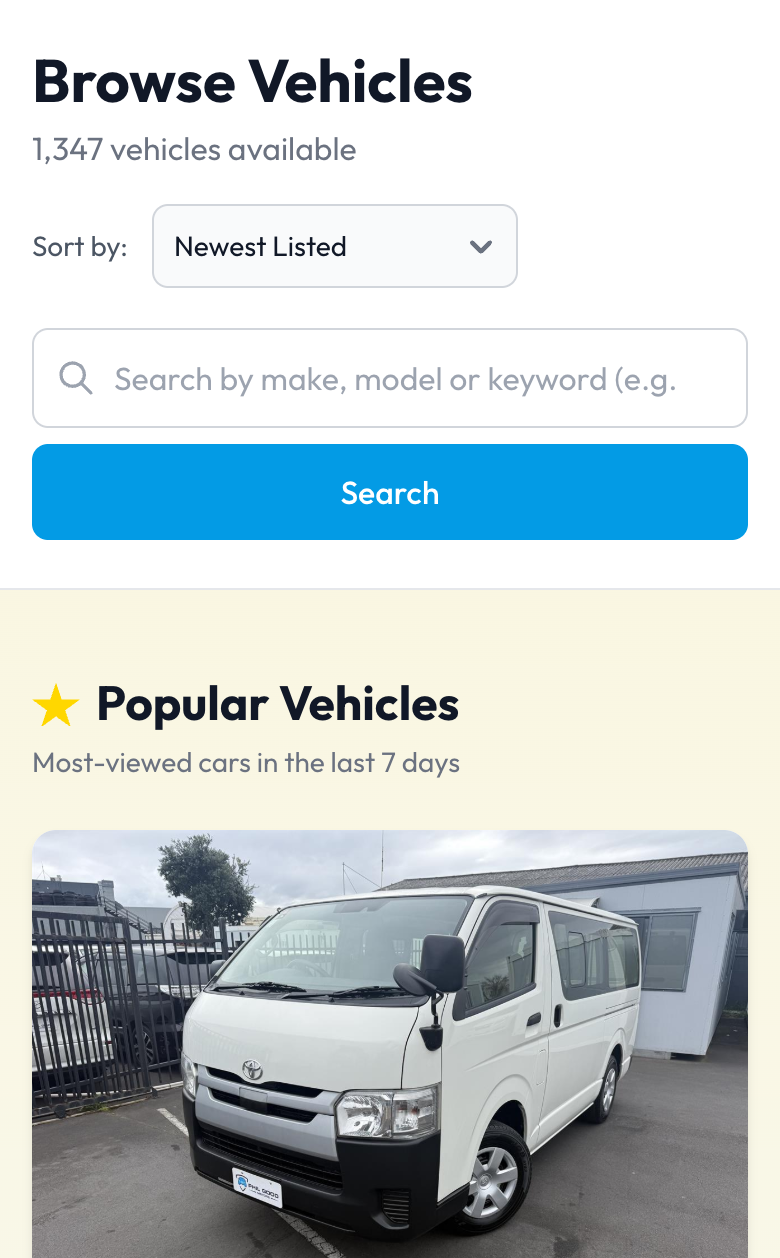 The vehicle search page on go.beefinance.co.nz: search by make and model, with a row of popular cars.