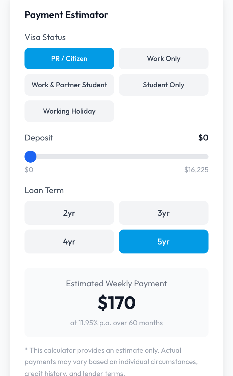 The Payment Estimator on a vehicle page, showing an estimated weekly payment for the chosen visa type, deposit and term.