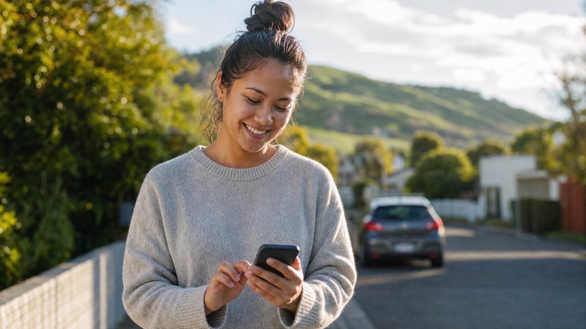 A woman smiling at her phone on a quiet suburban street in New Zealand.