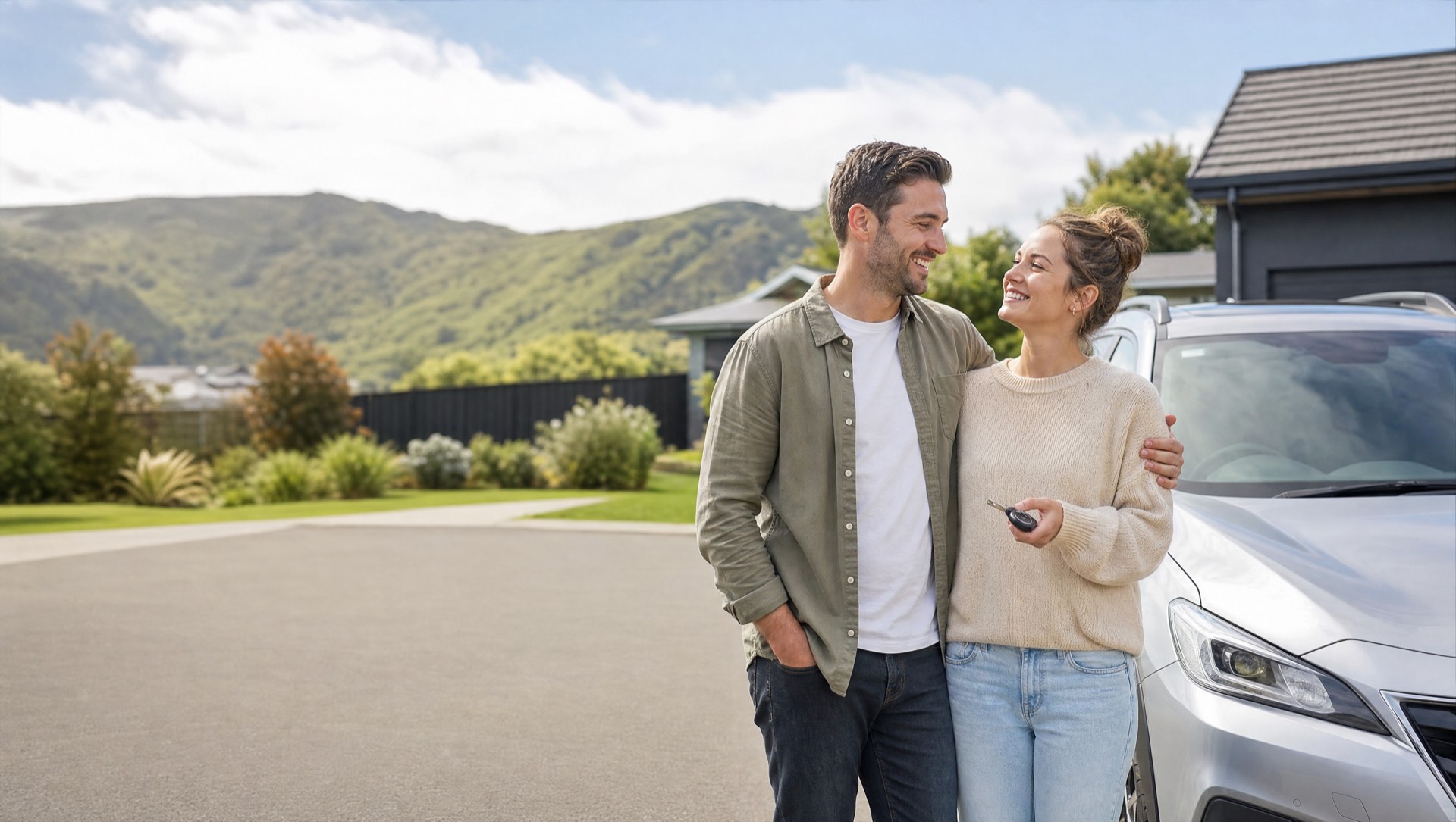 A couple standing beside their car in a New Zealand driveway